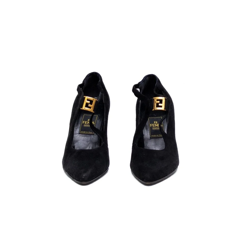 Vintage Fendi Scarpe Black Suede T-Strap Heels with Gold FF Buckle–Size 5.5/EU36